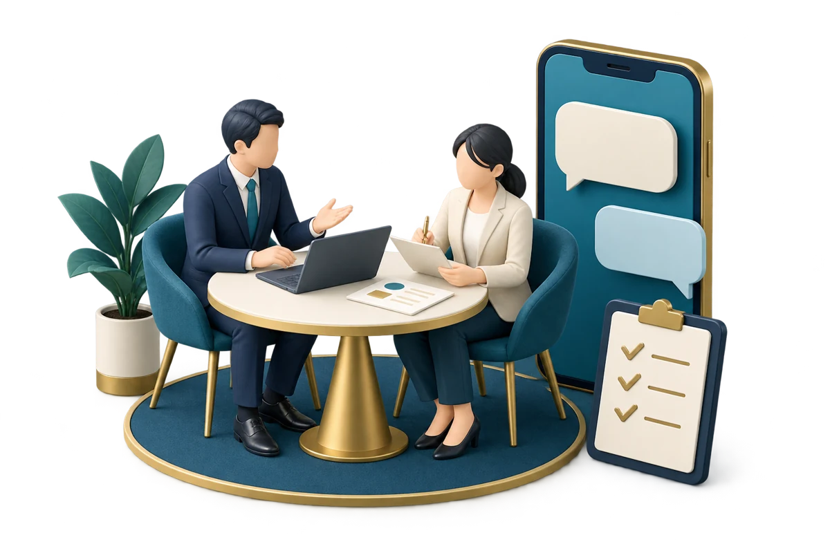 資料を確認しながら調査の相談と見積もりを行う担当者のイメージ